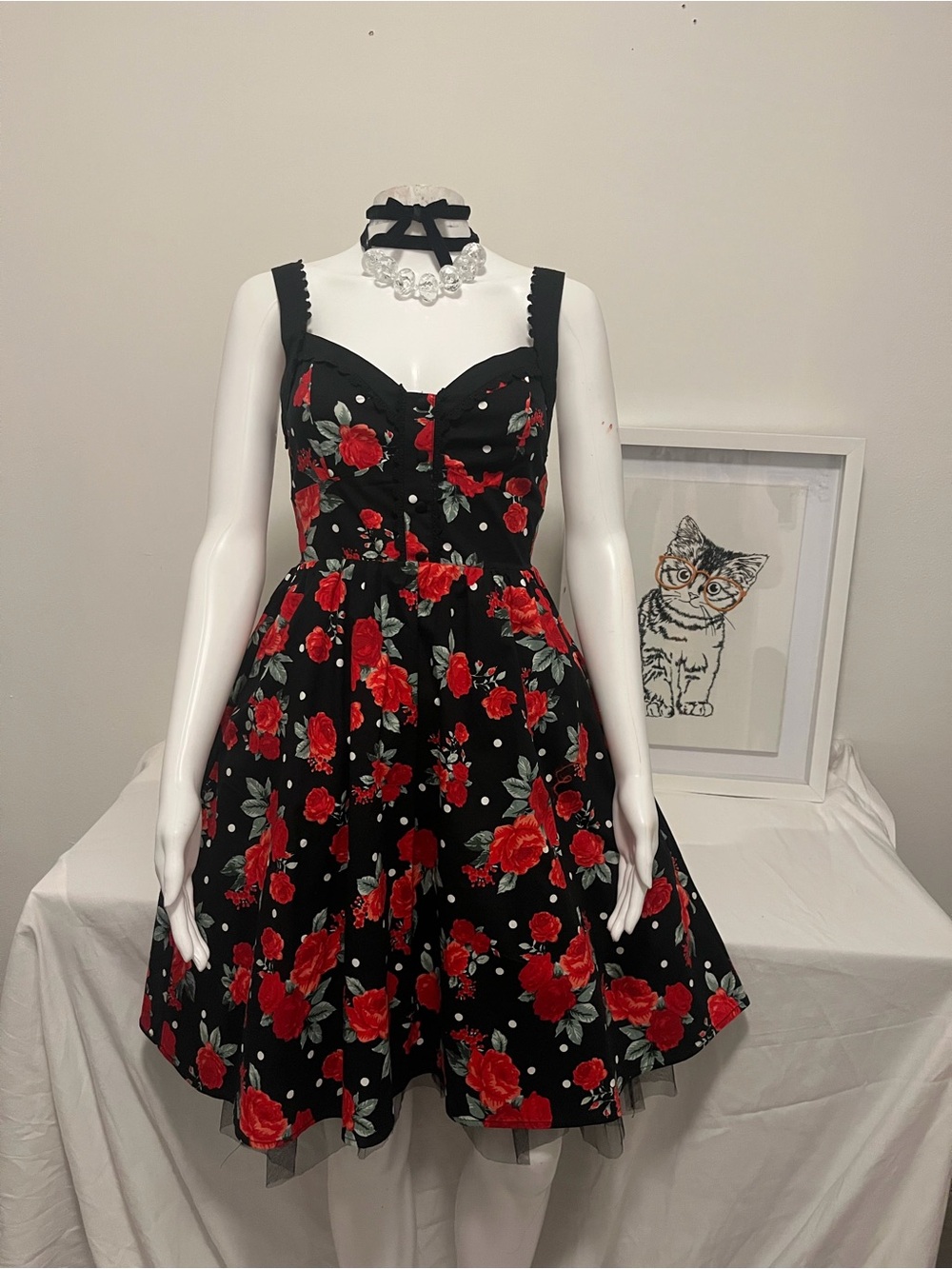 Black Floral Fit-and-Flare Dress with Red Rose Print